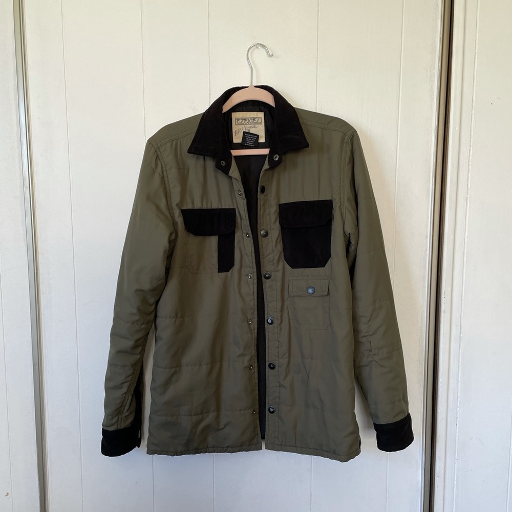Olive green and black corduroy puffy jacket with pockets